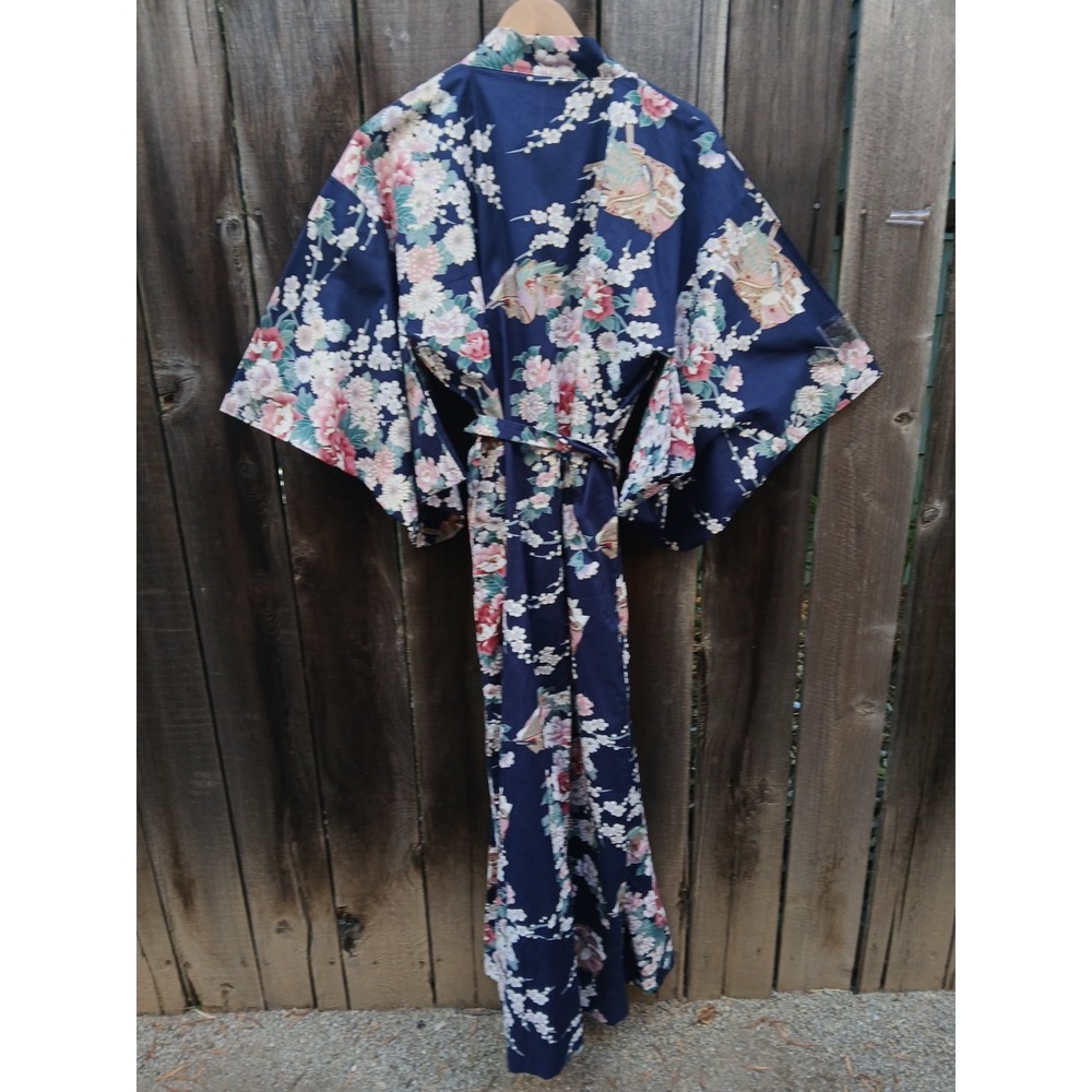 Nwot Smithsonian Cotton Kimono Robe Navy Blue Princess Peony Yukata M - Picture 2 of 11